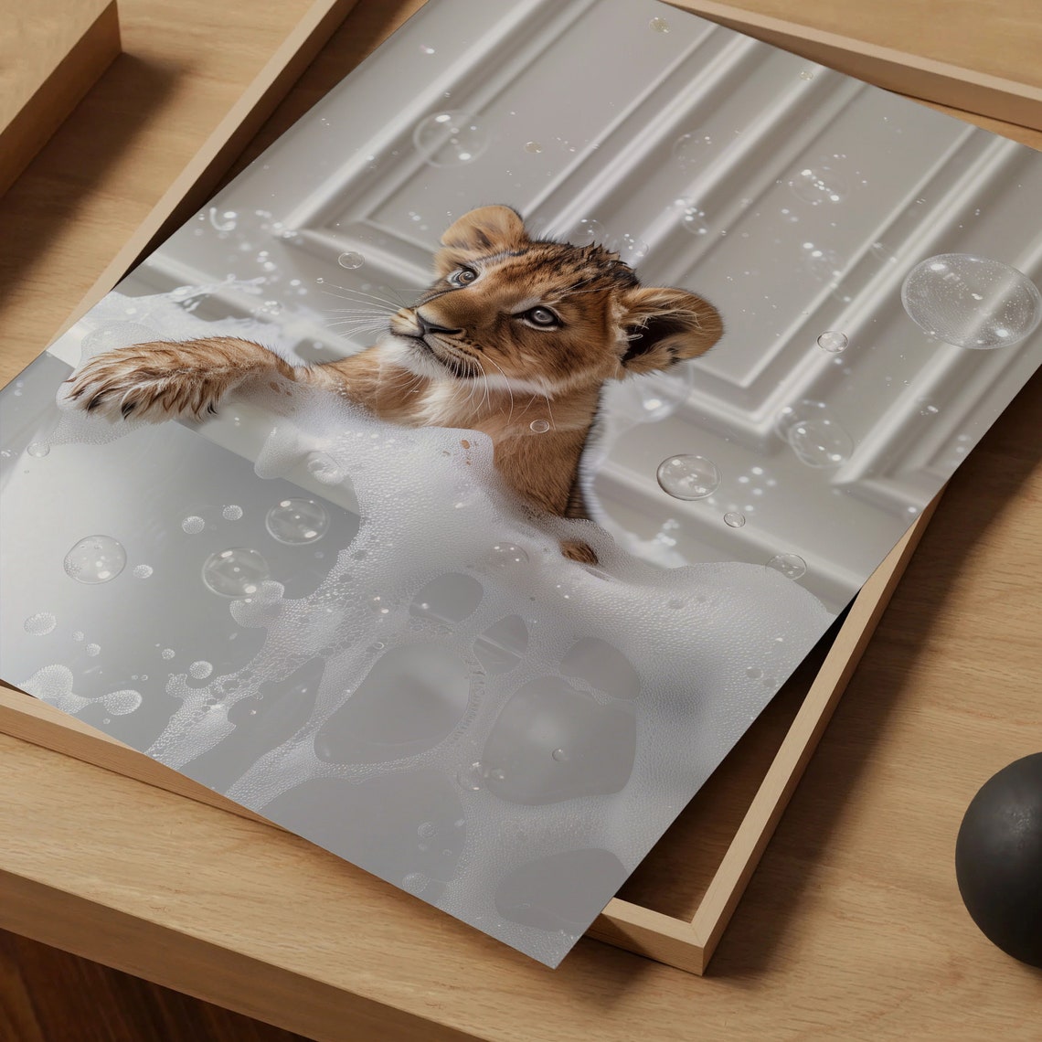 Baby Lion Cub Bubble Bath Cute Golden Frame Bathroom Animal Art Poster - Image 5