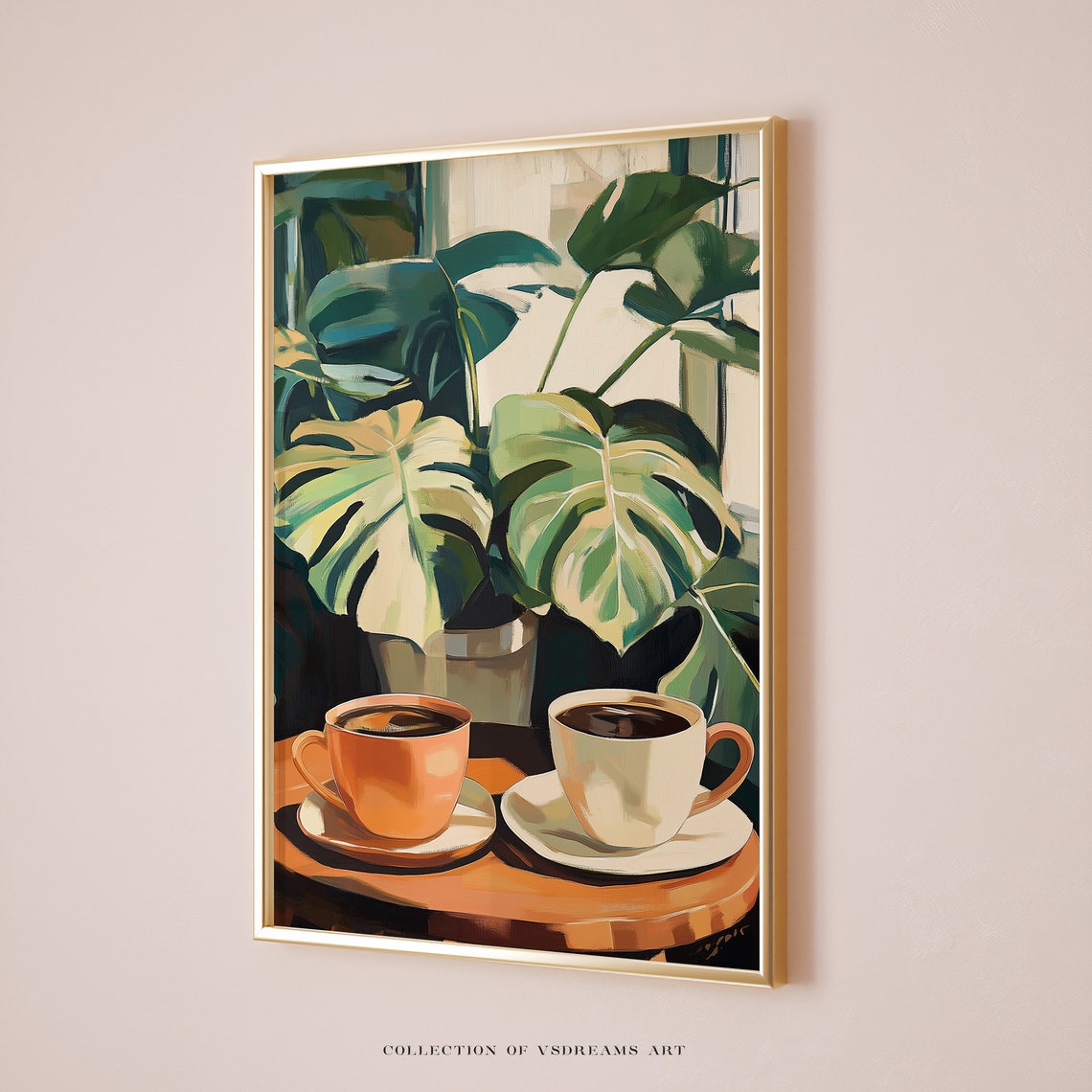 Two Coffee Cups Monstera Leaves Botanical Painting Art Poster