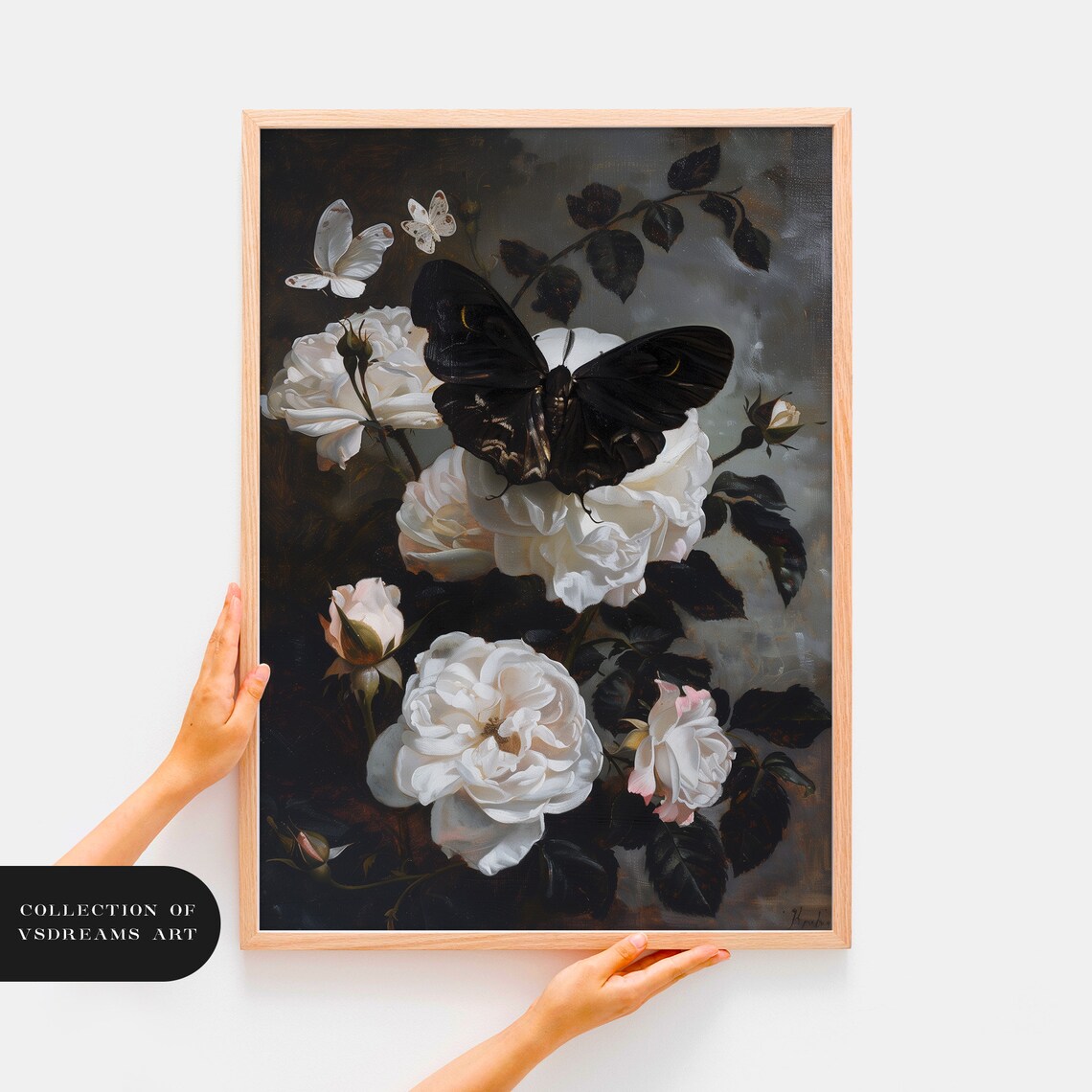 Black Moth White Roses Vintage Floral Moody Botanical Painting Poster - Image 3