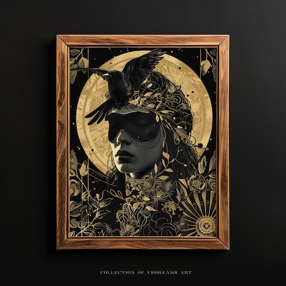 Masked Woman Raven Gold Art Nouveau Mystical Tarot Style Poster