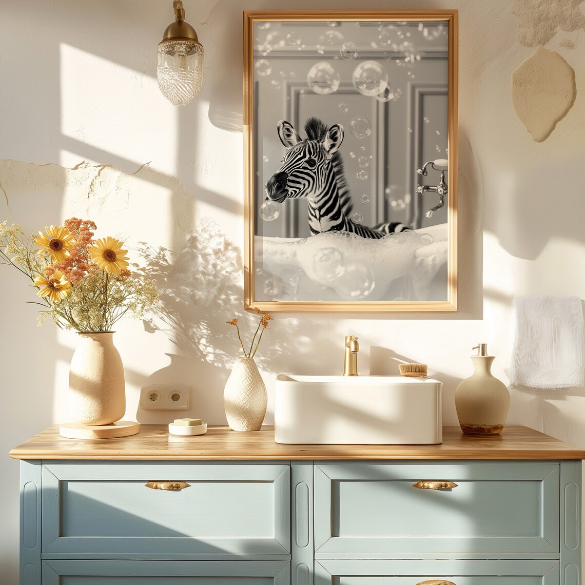 Funny Zebra In A Bathtub With Bubbles Black And White Animal Photo Poster - Image 4