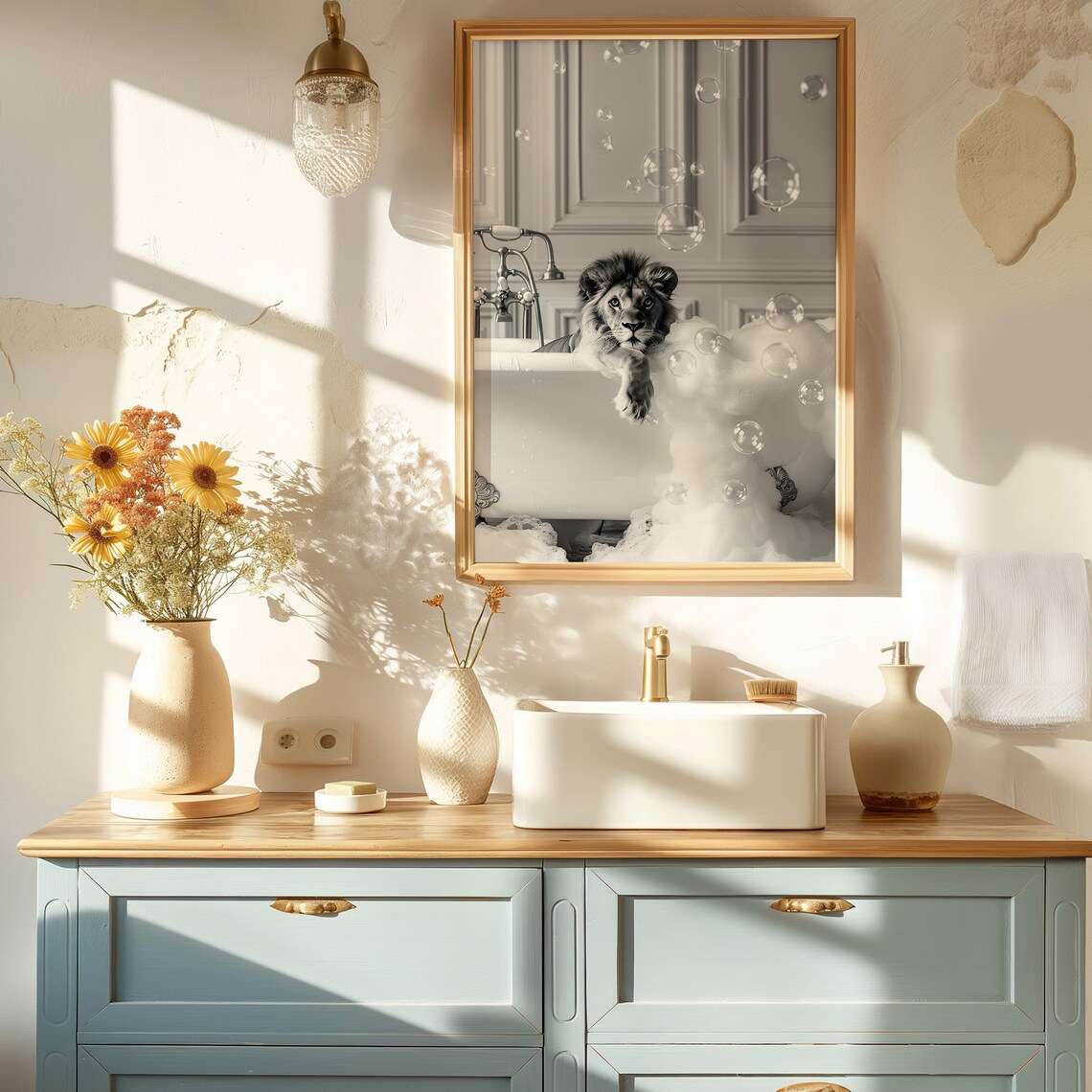 Lion In Tub Wall Art Lion Photo Bathroom Poster Bathroom Print Animals In The Bathtub Boy Bathroom Art Lion In Bathtub Print - Image 2