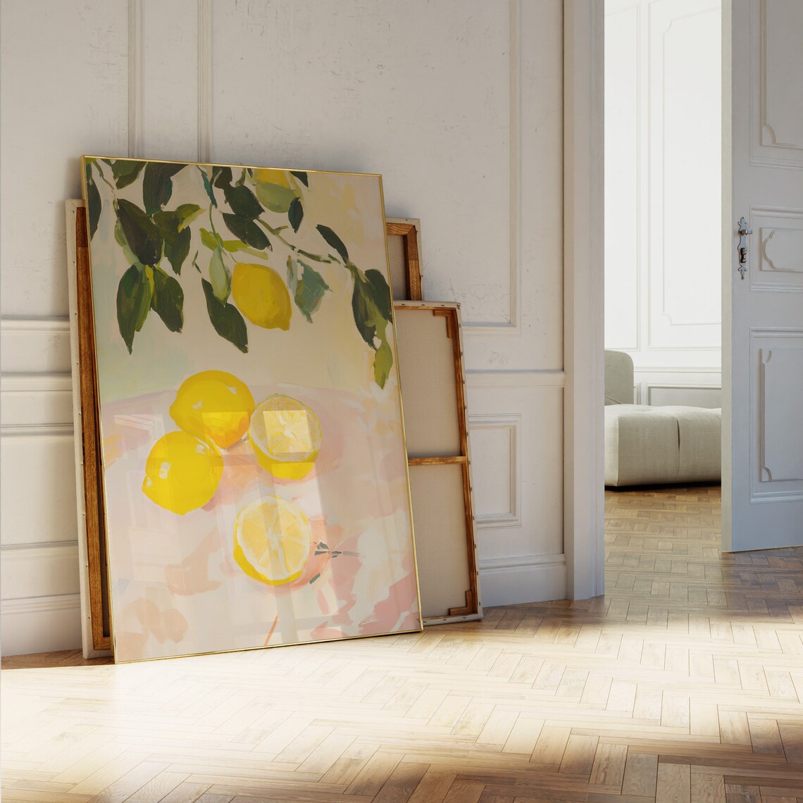 Fresh Lemons Hanging Branch and Sliced Pastel Still Life Poster - Image 5