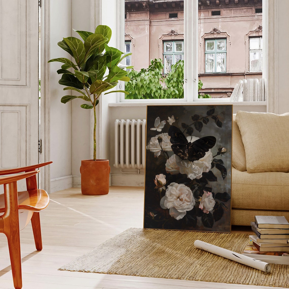 Black Moth White Roses Vintage Floral Moody Botanical Painting Poster - Image 4