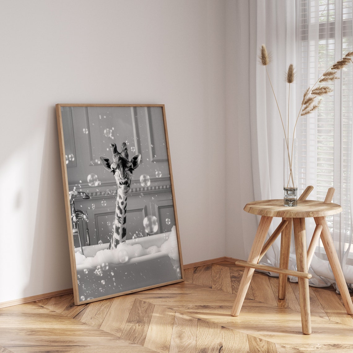 Giraffe Taking a Bubble Bath Black and White Funny Bathroom Poster - Image 3