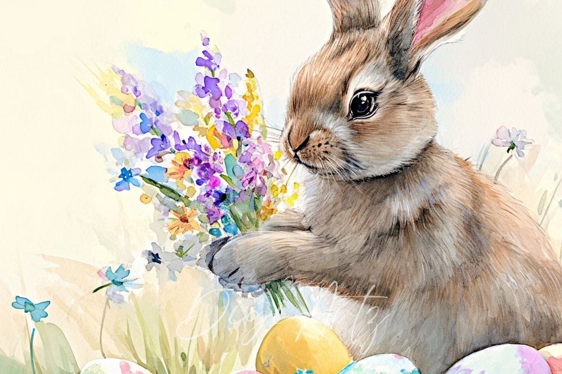 Easter Bunny Holding Spring Flowers With Painted Eggs Poster - Image 5