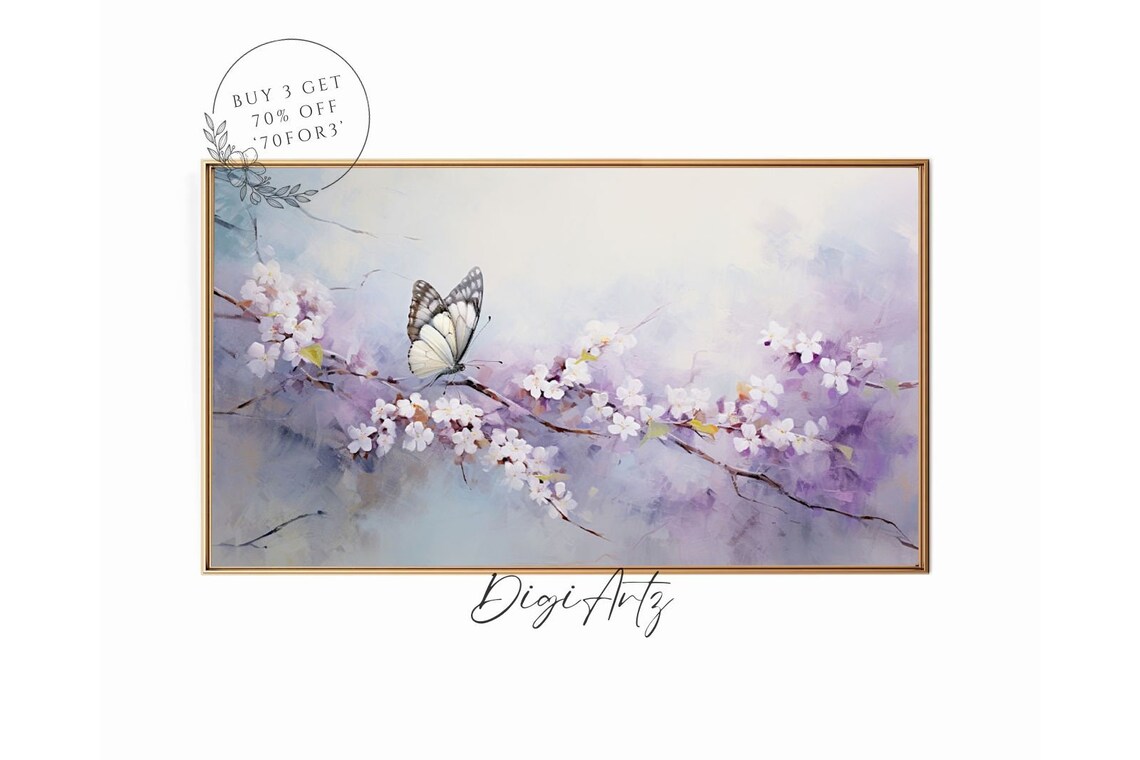 Butterfly on Cherry Blossom Branch Lavender Spring Oil Painting Poster