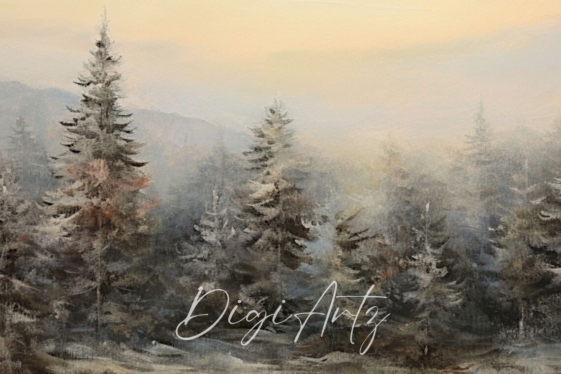 Snowy Pine Forest at Dawn Misty Winter Landscape Oil Painting Poster - Image 6