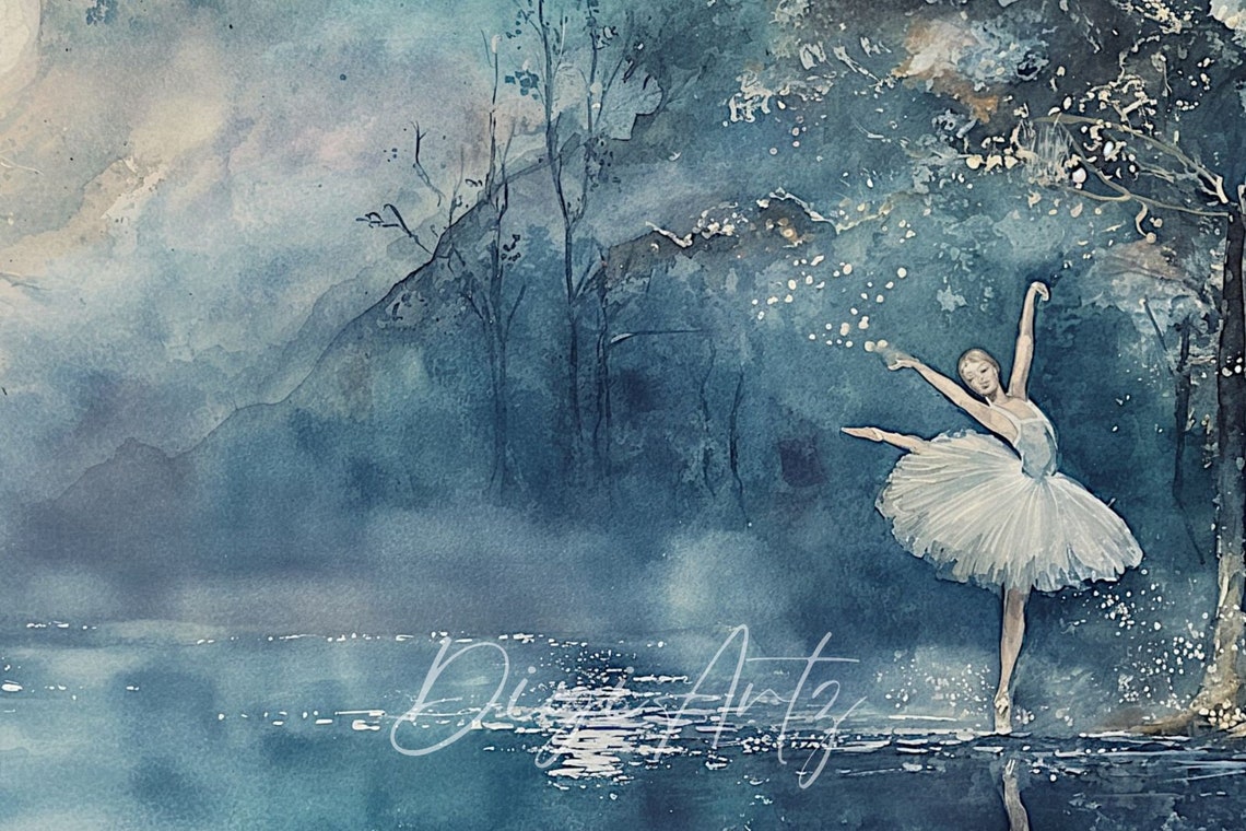 Moonlit Lake Ballerina Dancing Ballet Watercolor Night Scene Poster - Image 6