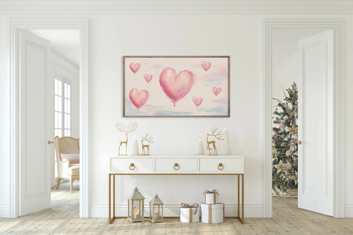 Pink Heart Balloons Floating Pastel Sky Valentine Painting Poster - Image 4