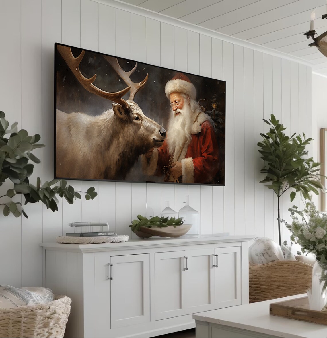 Tender Santa Claus And Reindeer Nuzzling In A Winter Night Poster - Image 5