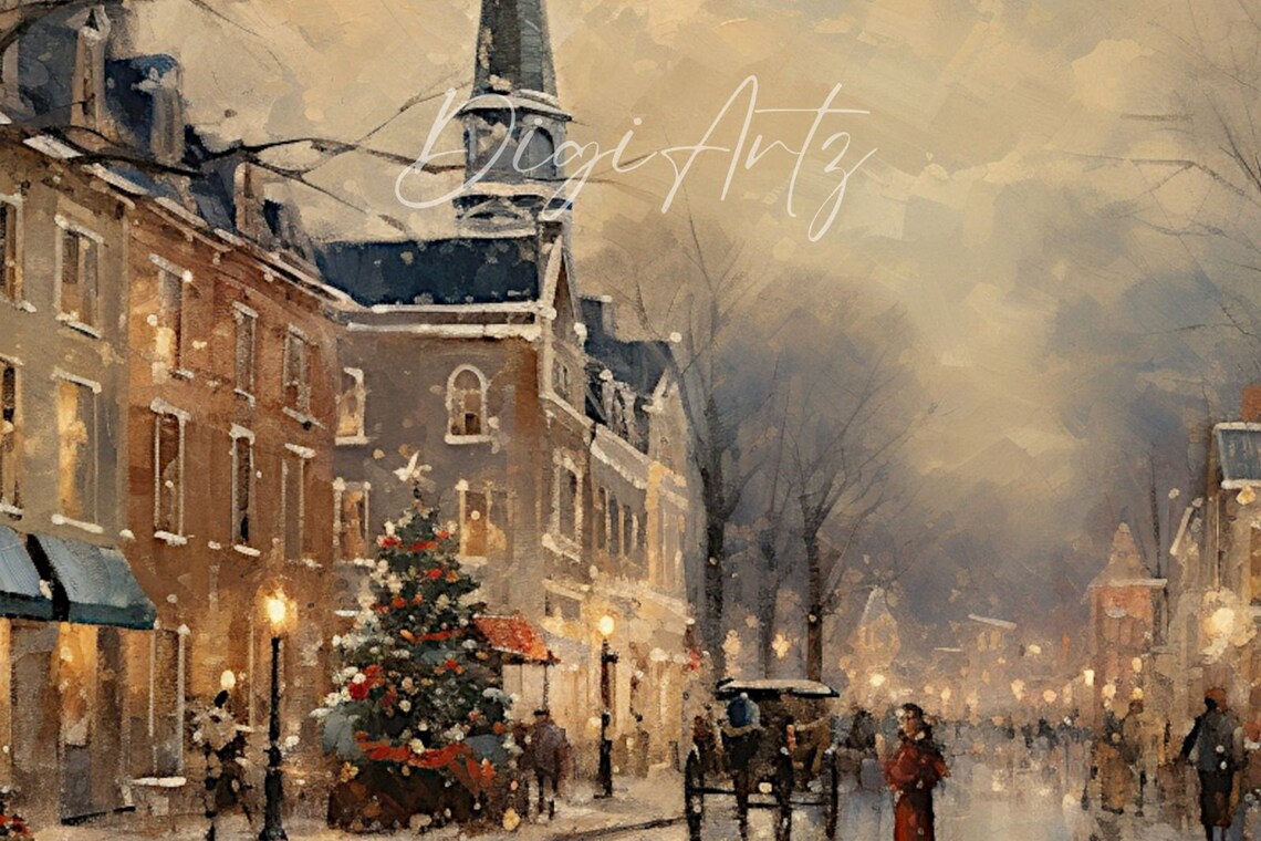 Christmas Evening Old Town Street Church Steeple Horse Carriage Poster - Image 6