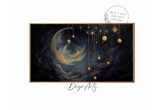 Crescent Moon Hanging Golden Orbs Gothic Celestial Painting Poster