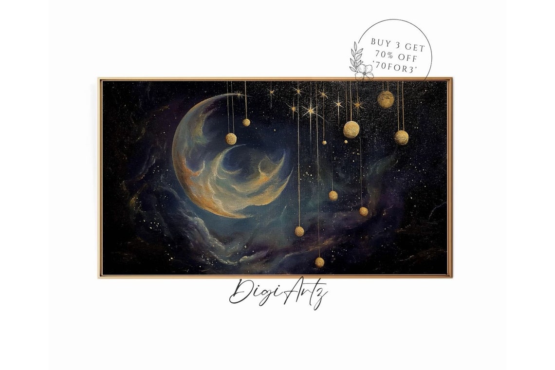 Crescent Moon Hanging Golden Orbs Gothic Celestial Painting Poster