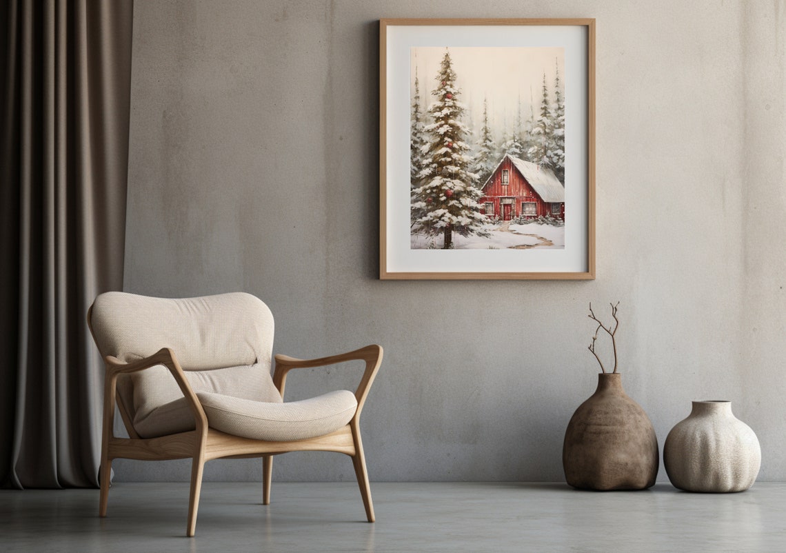 Red Barn Christmas Tree Snowy Winter Forest Holiday Barn Poster - Image 2
