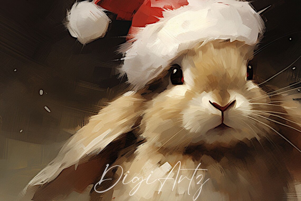 Sweet Baby Bunny Wearing A Red Santa Hat In Falling Snow Poster - Image 6