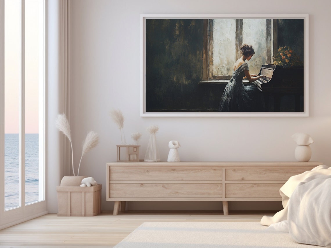 Woman Playing Piano By Sunlit Window Dark Moody Oil Painting Poster - Image 2