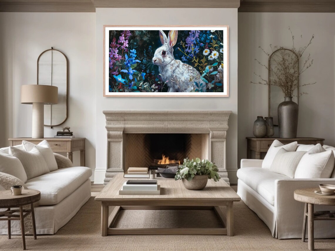 White Rabbit Among Blue Wildflowers Moody Floral Painting Poster - Image 5