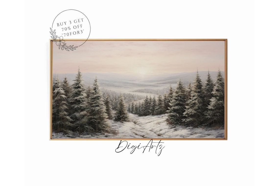 Snow Covered Pines Over Winter Valley Sunrise Landscape Poster