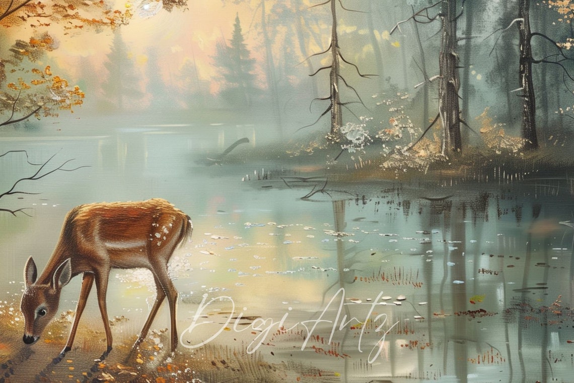 Deer Drinking At Misty Forest Pond Autumn Wildlife Painting Poster - Image 6