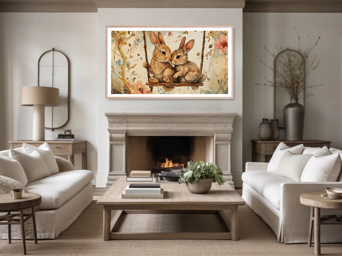 Two Baby Bunnies Cuddling on Swing Watercolor Rabbit Art Poster - Image 5