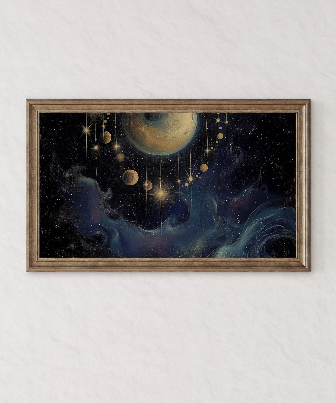 Golden Moon And Planets Celestial Night Sky Star Painting Poster