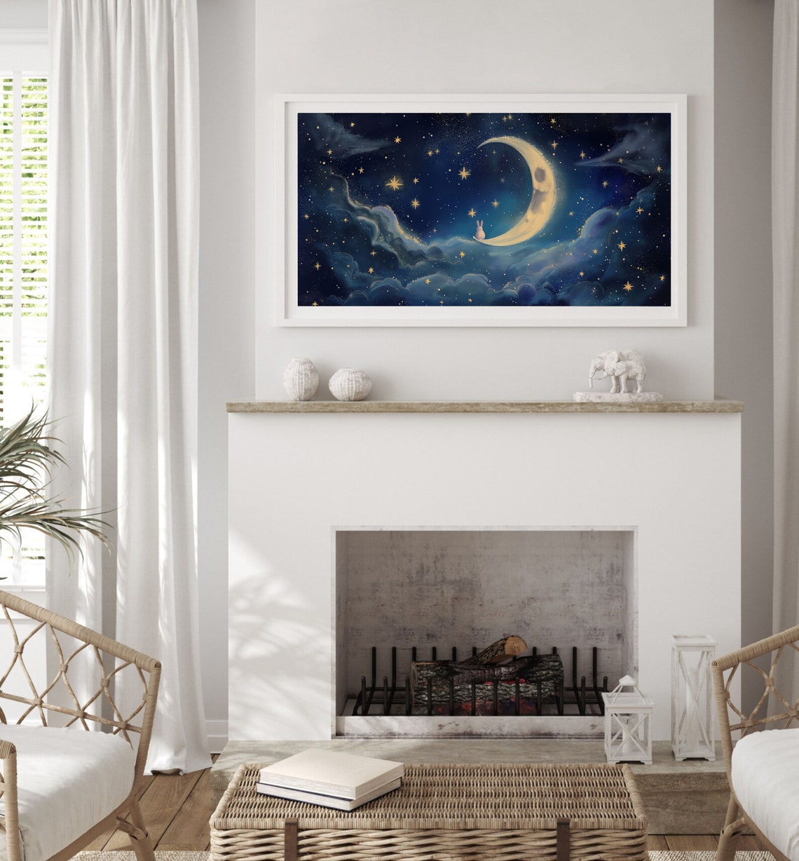 Bunny On Crescent Moon Starry Night Clouds Whimsical Painting Poster - Image 2