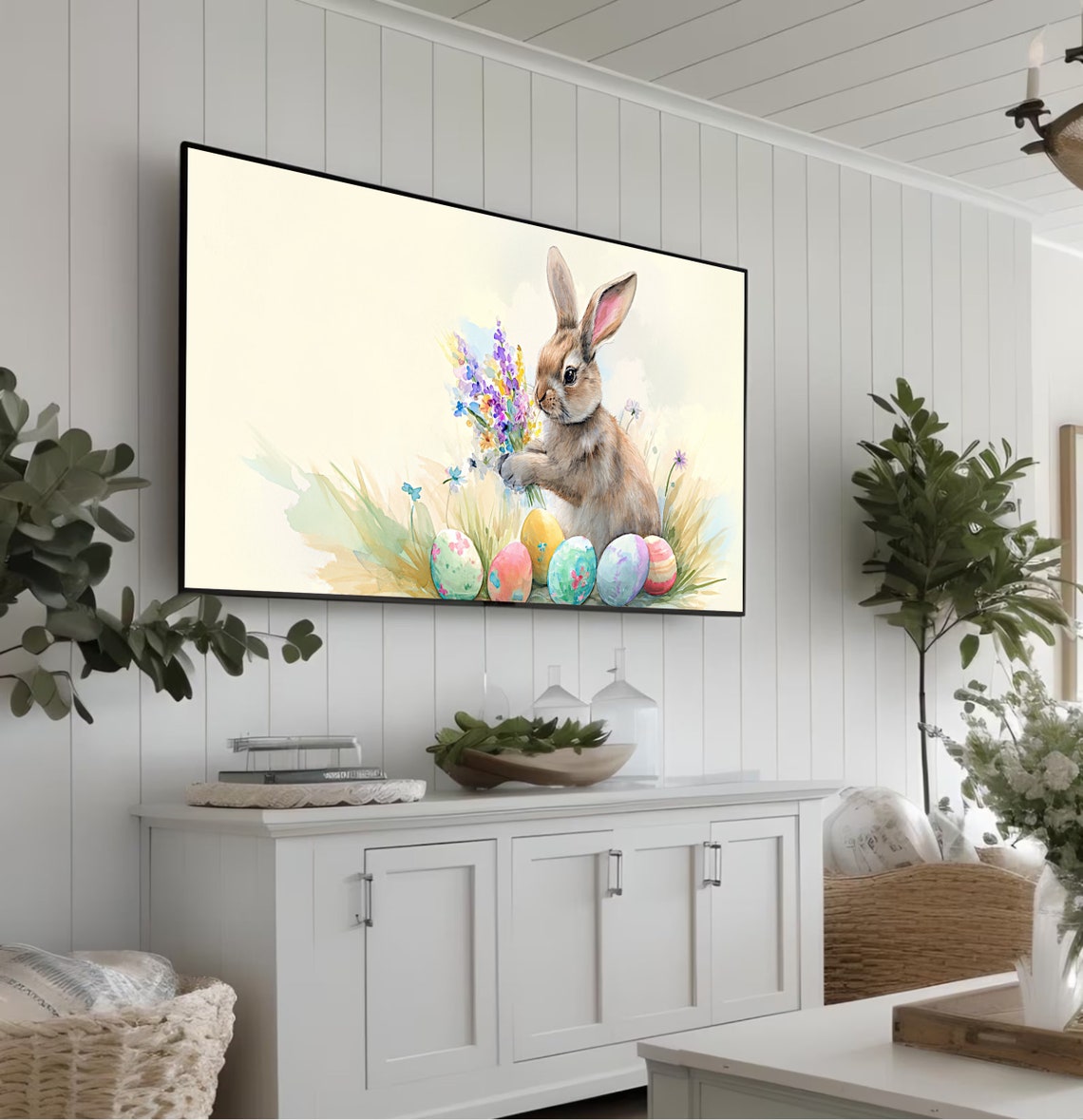 Easter Bunny Holding Spring Flowers With Painted Eggs Poster - Image 2