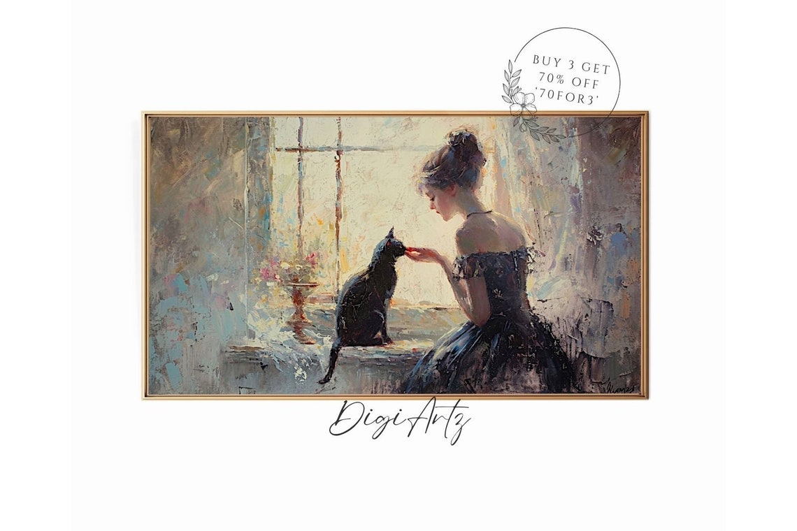 Woman With Black Cat By Window Impressionist Portrait Painting Poster
