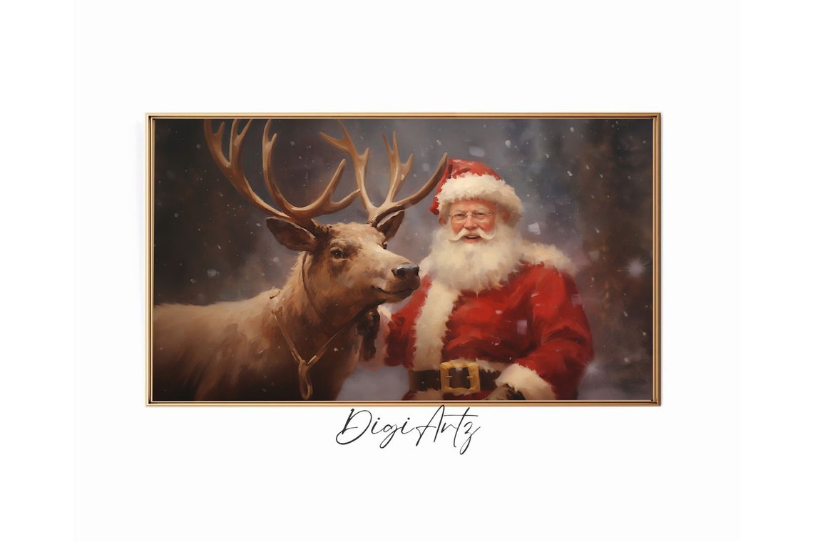 Frame Tv Art Vintage Christmas Wall Art Santa Reindeer Companionship Oil Painting Christmas Decor Winter Print Cottagecore Academia