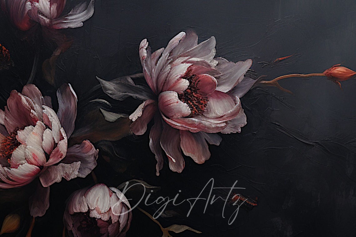 Blush Peonies Black Moody Floral Panoramic Botanical Scene Poster - Image 6