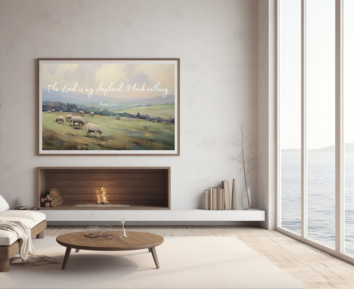 Psalm 23 The Lord Is My Shepherd Verse Over Sheep Pasture Art Poster - Image 2