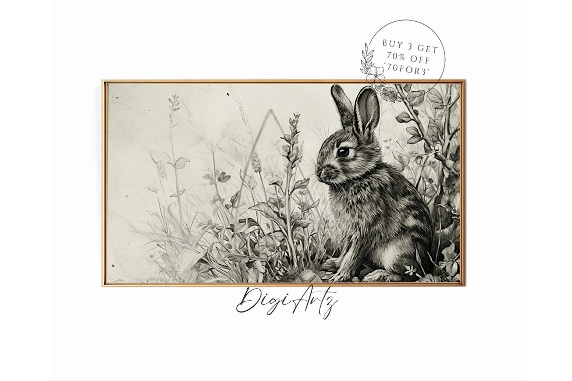 Vintage Rabbit Sketch Black and White Botanical Illustration Poster