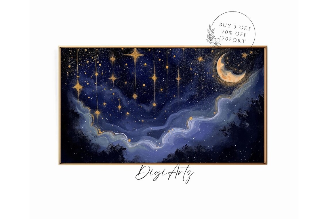 Celestial Moon and Star Oil Painting, Gothic Art
