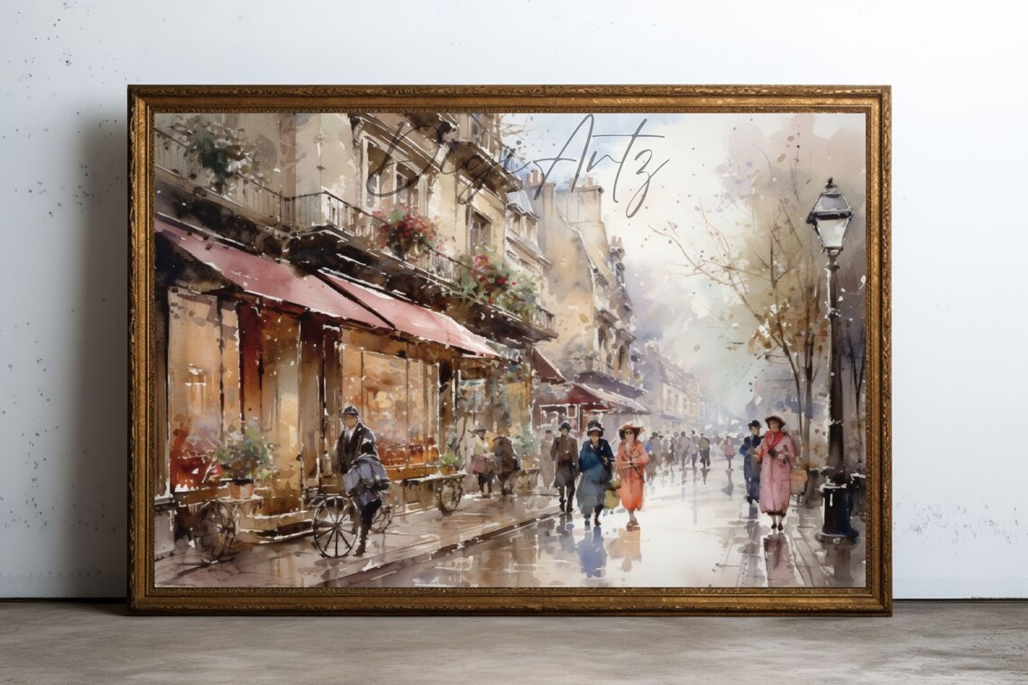 Rainy Parisian Cafe Street Watercolor Cityscape Umbrella Art Poster - Image 5