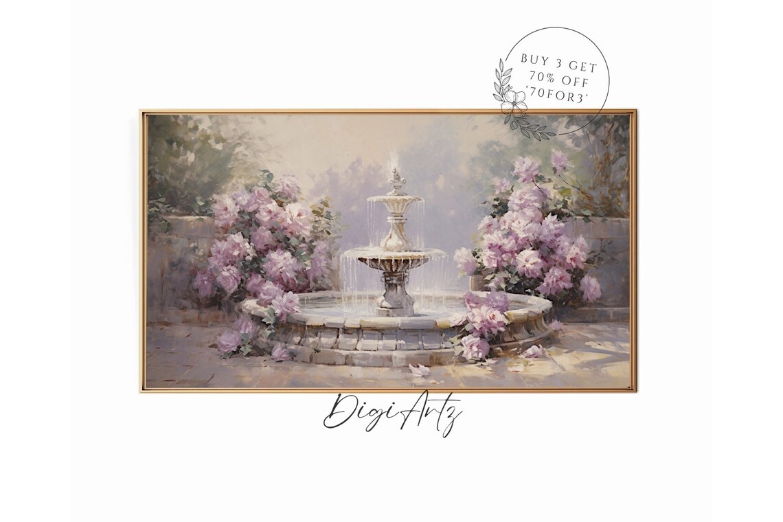 Garden Fountain Pink Blossoms Vintage Courtyard Oil Painting Poster