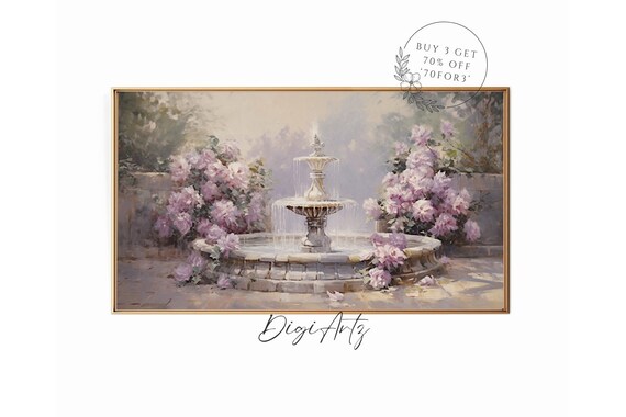 Garden Fountain Pink Blossoms Vintage Courtyard Oil Painting Poster