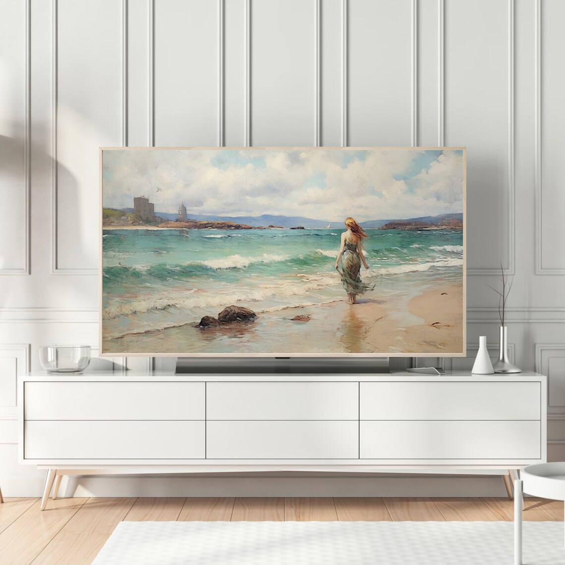 Woman Walking Into Turquoise Sea Coastal Castle Seascape Art Poster - Image 4
