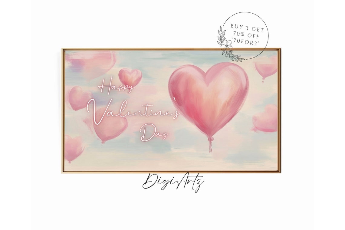 Happy Valentines Day Script Pink Heart Balloons Painting Poster