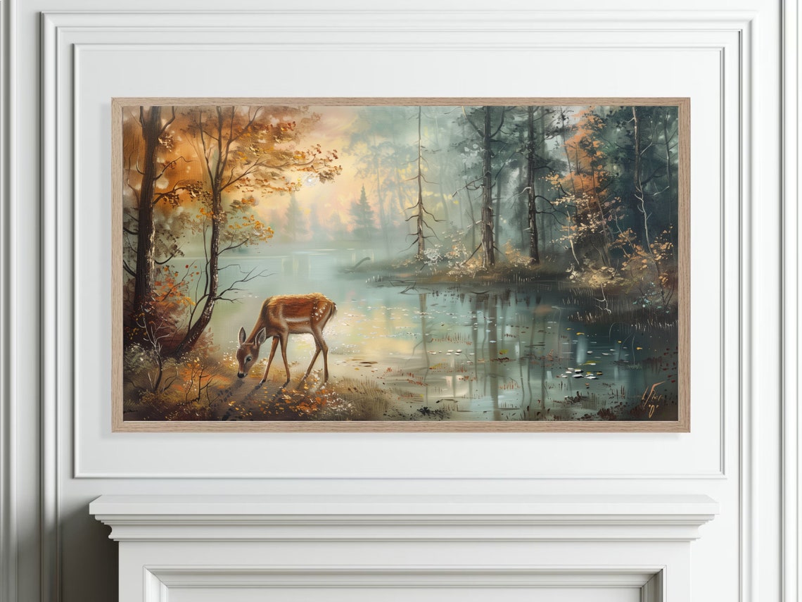 Deer Drinking At Misty Forest Pond Autumn Wildlife Painting Poster - Image 4
