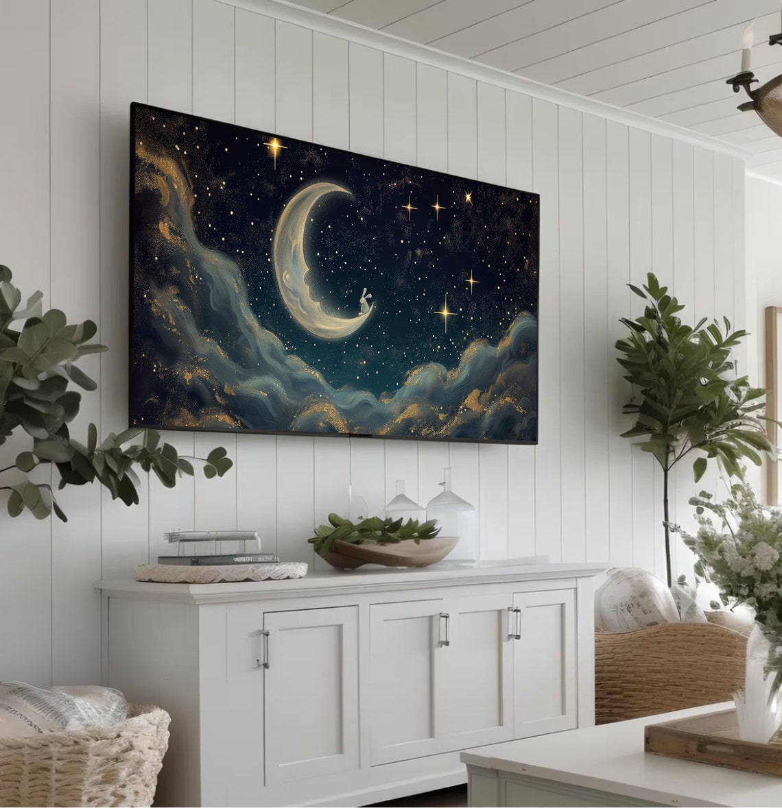 Bunny On The Crescent Moon Starry Night Nursery Painting Poster - Image 4