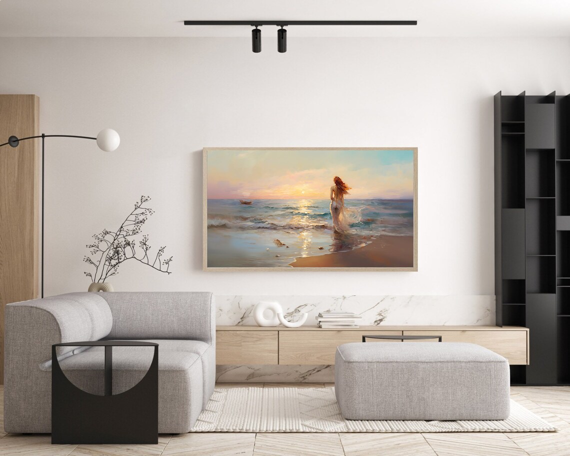 Red Haired Woman Walking on Beach at Sunset Impressionist Poster - Image 5