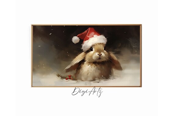Frame Tv Art Christmas Wall Art Cute Bunny Oil Painting Rustic Christmas Rabbit Holiday Decor Winter Animal Print Festive Bunny