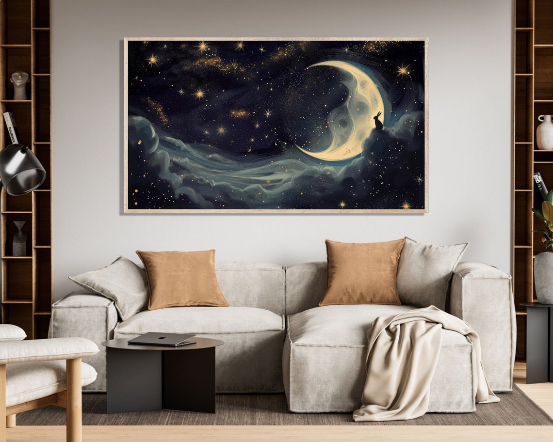 Crescent Moon Bunny On Clouds Golden Starry Night Painting Poster - Image 3