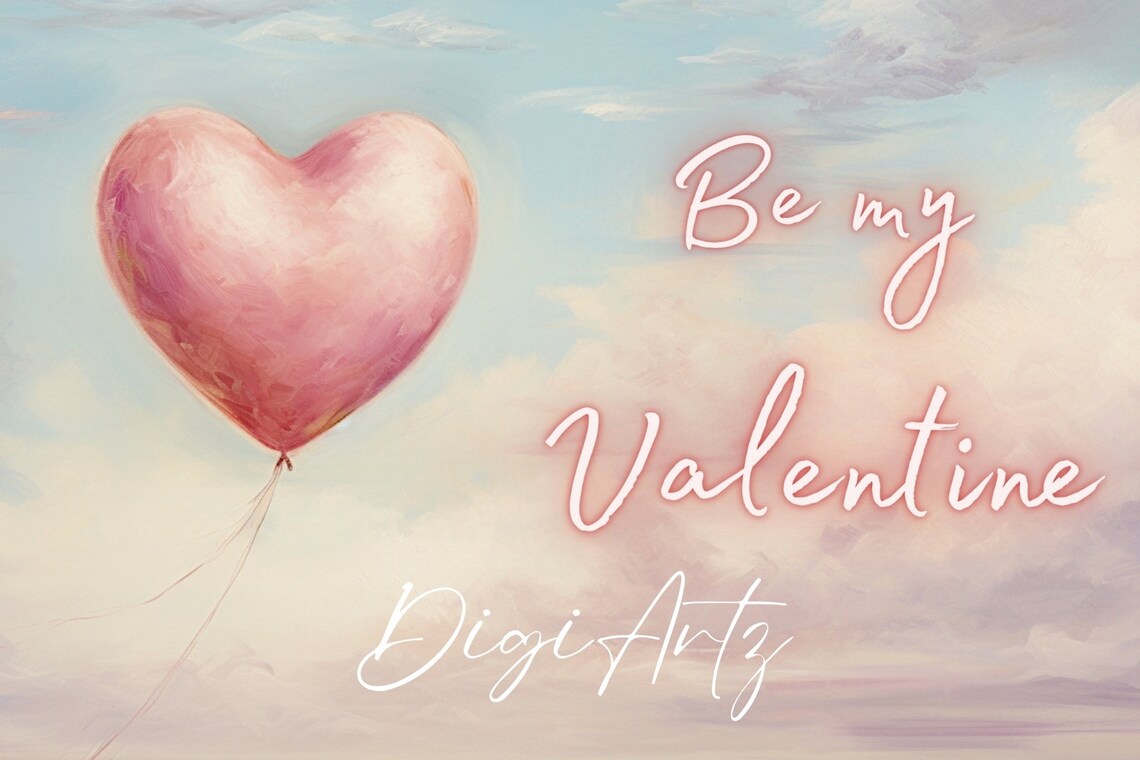Be My Valentine Pink Heart Balloon Pastel Clouds Painting Poster - Image 6