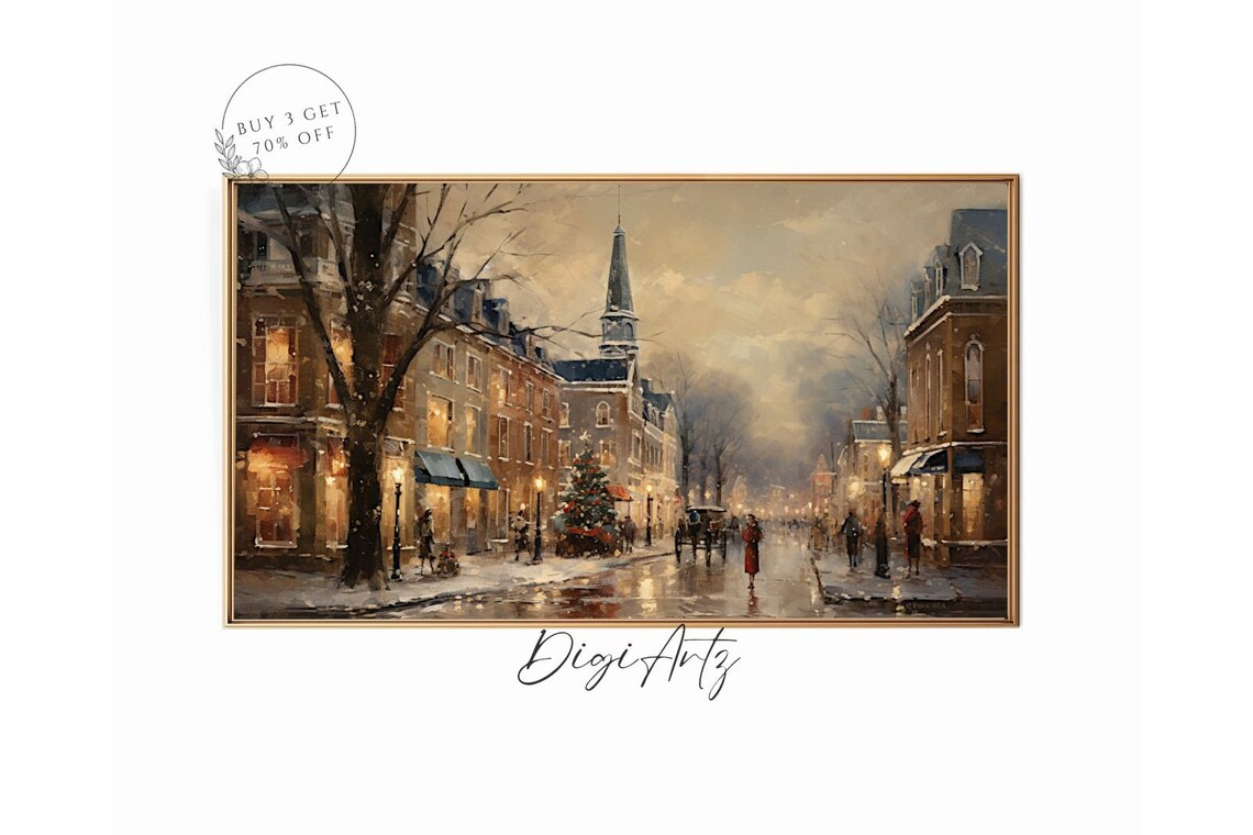 Christmas Evening Old Town Street Church Steeple Horse Carriage Poster