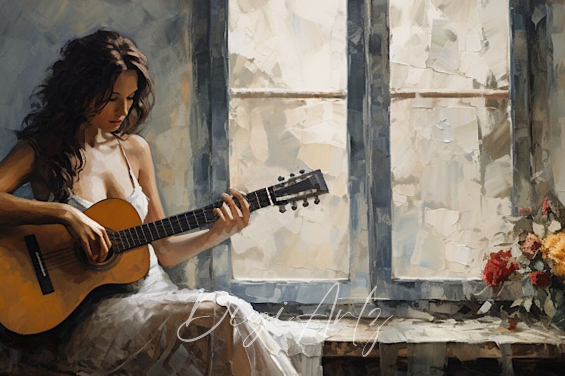 Woman Playing Guitar By Window Moody Musician Oil Painting Poster - Image 6