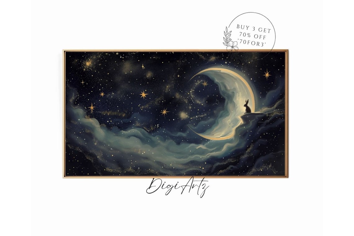 Crescent Moon Bunny Silhouette Starry Night Sky Nursery Poster