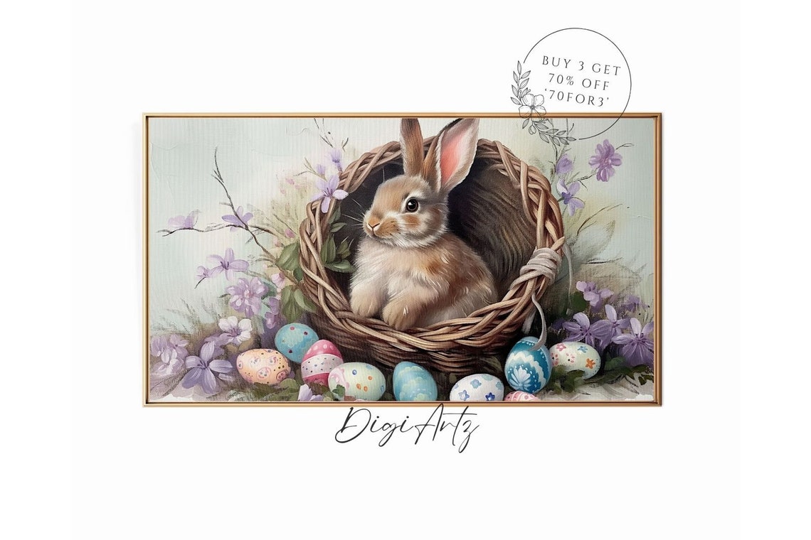 Easter Bunny In Wicker Basket With Painted Eggs And Flowers Poster - Image 6