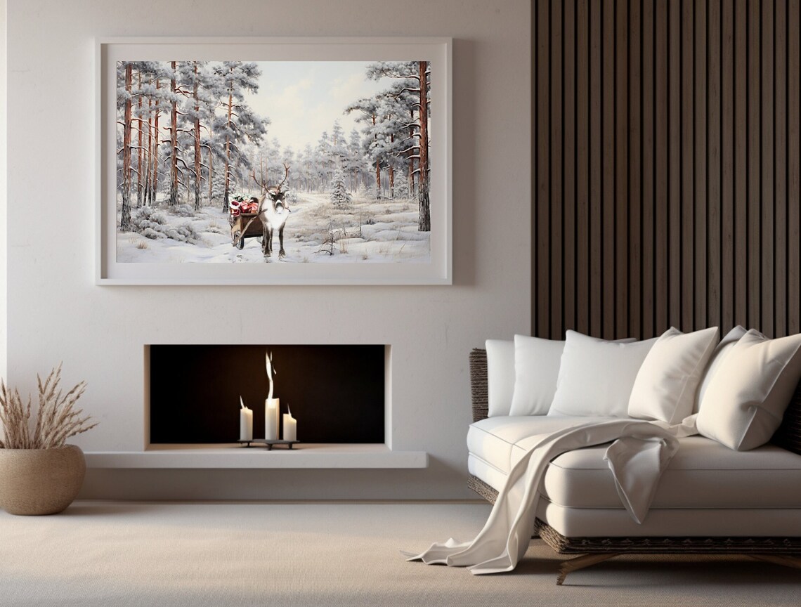 Santa Claus In A Reindeer Drawn Sleigh Through Snowy Pine Woods Poster - Image 2